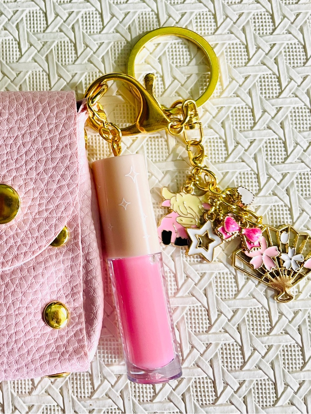Pink Textured faux Leather Card Wallet with with lip oil and Gold Accent Charms